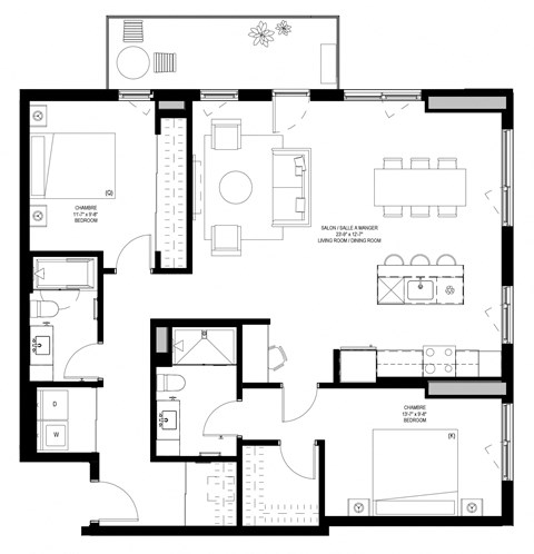 Floor plan for 2 beds, 2 baths, 1222 sqft